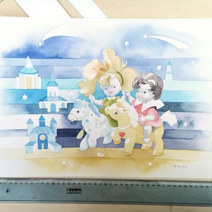 Bambole che cavalcano pony, pittura ad acquerello, decorazione per la cameretta dei bambini con notte stellata