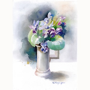 Violette in un vaso acquerello originale