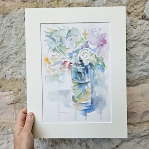 Mazzo di fiori di campo ad acquerello, regalo di nozze con un dipinto originale di un bouquet di fiori selvatici