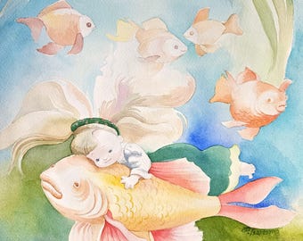 Doll's Underwater Dream watercolor painting, children room decor or Ocean lover gift