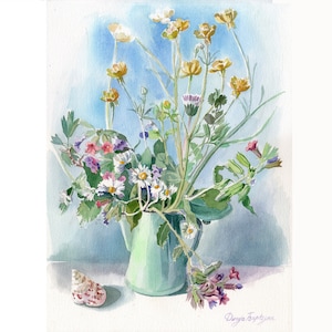 Mazzo di fiori di campo ad acquerello, regalo di nozze con un dipinto originale di un bouquet di fiori selvatici