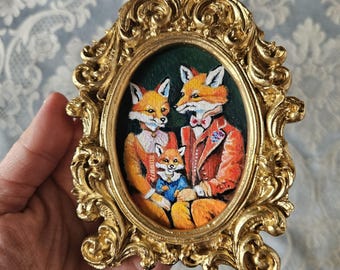 Framed Miniature Fox Family Portrait: Victorian Style Oval Art