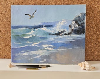 Italian seascape, Oil on Canvas Board Painting 50x40 cm, Mediterranean View Original Painting, ships rolled in a tube