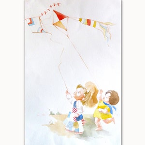 Bambole Aquilone volantino dipinto ad acquerello, decorazione per la cameretta dei bambini vai a far volare un aquilone 28. x 42 cm