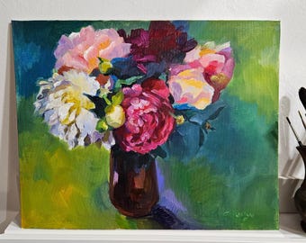 Peonies in Vase Acrylic Painting, Contemporary Floral Authentic Fine Art, 30x40 cm