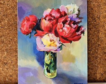 Peonies in Glass Vase Original Painting, Expressive Floral Acrylic Art, 30x40 cm