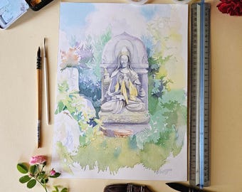 Original Watercolor Painting: Sitting Buddha Landscape Art (9x12)