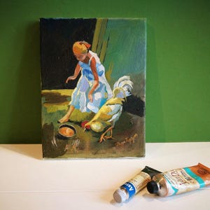 Girl and Rooster Oil Painting: Barnyard Scene, Italian Art (9.5x7 in) image 1