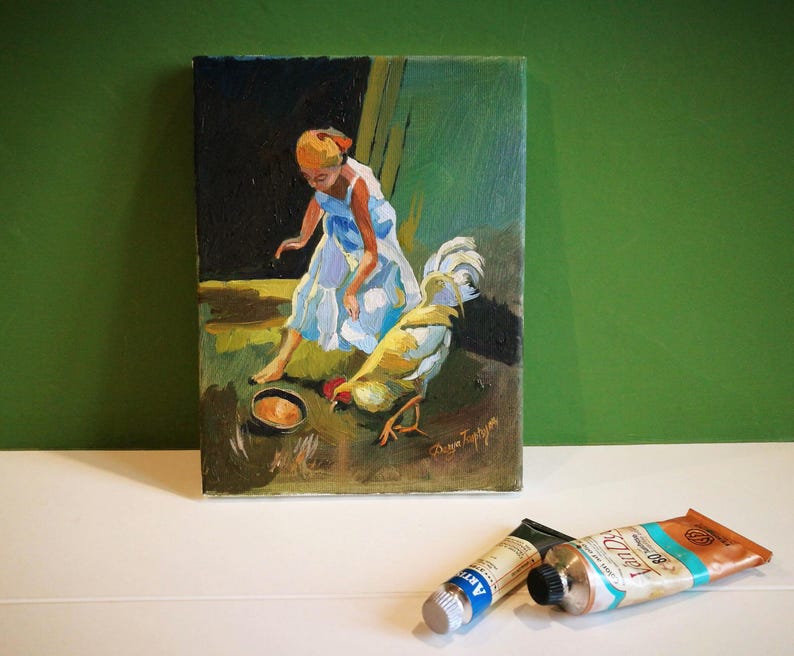 Girl and Rooster Oil Painting: Barnyard Scene, Italian Art (9.5x7 in) image 1