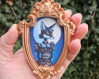 Black Fox Gothic Miniature Acrylic Painting with gold ornate neoclassic frame for dollhouse 1:6