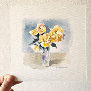 Rosas em vaso de vidro aquarela original sobre papelão 6,75 x 6,75 polegadas