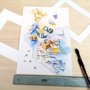 Bambole sopra le nuvole, dipinto ad acquerello, decorazione per la cameretta dei bambini o regalo per gli amanti dei viaggi