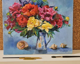 Bouquet with Peonies in Vase with shells Original Painting, Contemporary Floral Oil Art, 50x40 cm