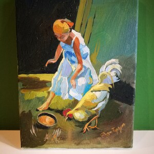 Girl and Rooster Oil Painting: Barnyard Scene, Italian Art (9.5x7 in) image 3