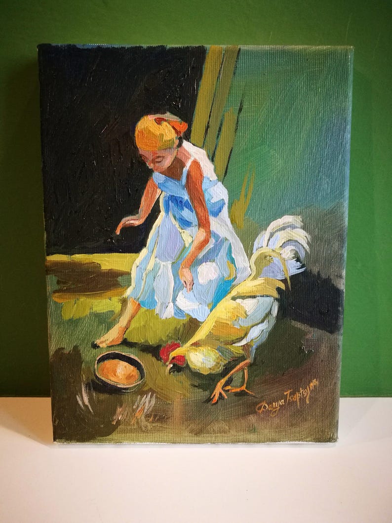 Girl and Rooster Oil Painting: Barnyard Scene, Italian Art (9.5x7 in) image 3