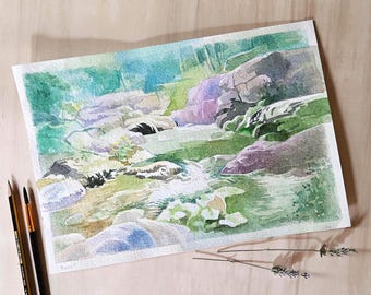 Watercolor Forest Waterfall Painting: Mountain Creek Landscape Art