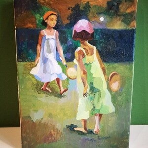 Pintura al óleo de estilo rústico: «Recuerdos de otoño» - Niñas jugando al tenis (24,1 x 18 cm) imagen 2