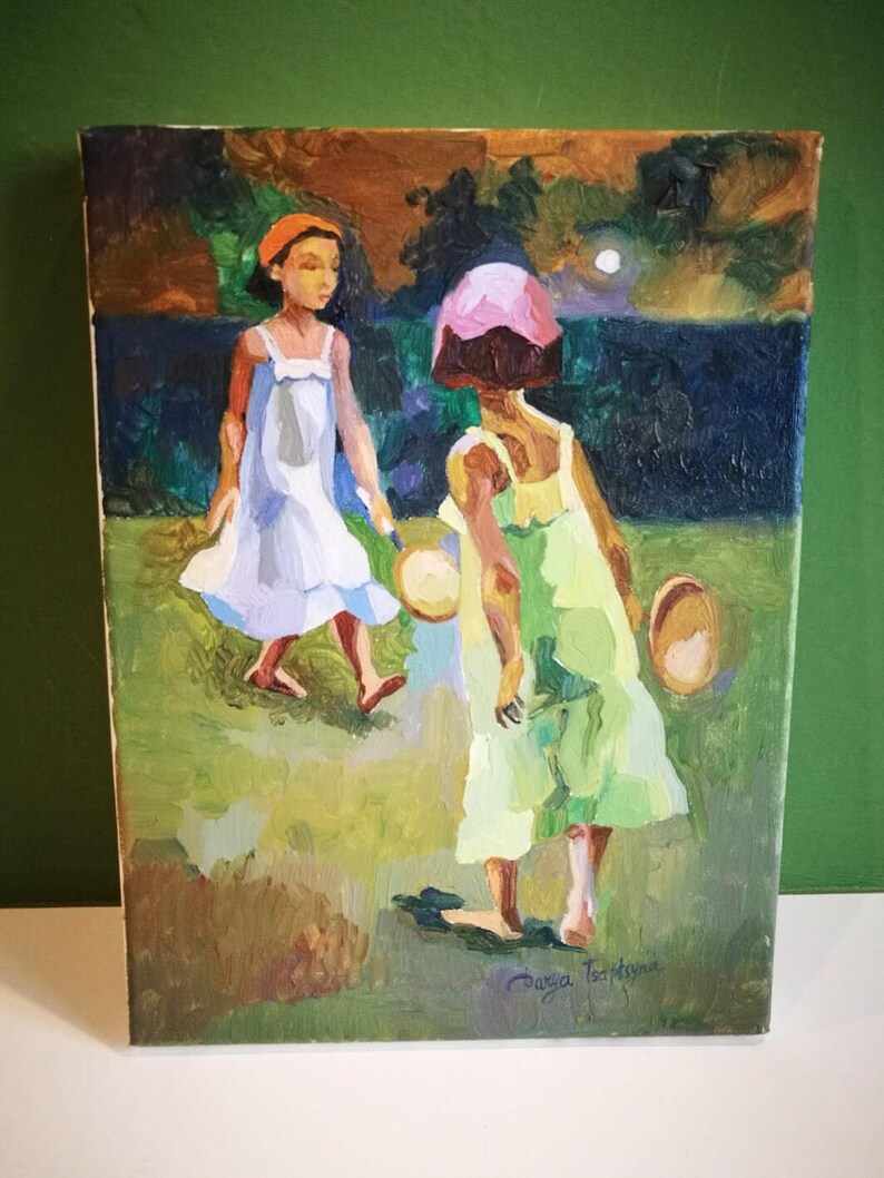 Pintura al óleo de estilo rústico: «Recuerdos de otoño» - Niñas jugando al tenis (24,1 x 18 cm) imagen 2