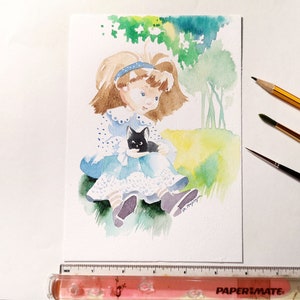 Ilustración de cuento de hadas de Alicia con su gato, pintura en acuarela como decoración de habitación infantil