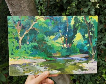 Forest Creek Oil Painting: Italian Impressionism Woodland Landscape (7.87 x 11.81")