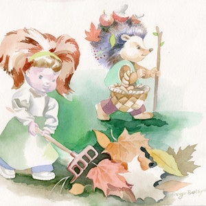 Pintura de acuarela de erizo, lindo ERIZO y niña érase una vez en un jardín de otoño, decoración de habitación infantil