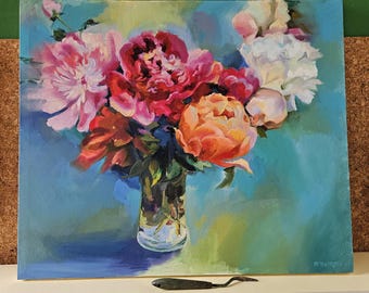 Vibrant Peonies Oil Painting Original Abstract Flower Home Decor Statement Piece