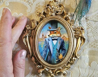 Fox Gentleman Miniature Painting: Gold Resin Framed Acrylic Art, 4x5"