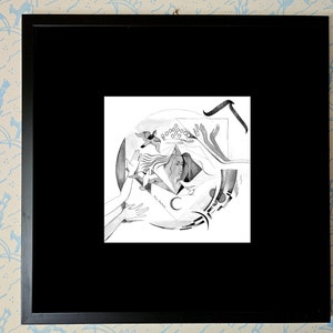 May include: Black and white framed illustration of a woman's face surrounded by hands and birds. The image is in a black frame and has a white background.
