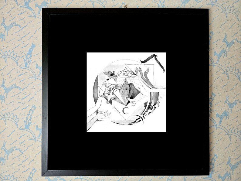 May include: Black and white framed illustration of a woman's face surrounded by hands and birds. The image is in a black frame and has a white background.