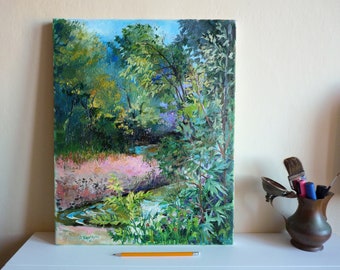 Forest River Green Landscape OriginalOil on Canvas 50x40 cm