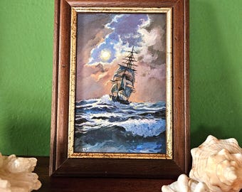 Tempest Sailship Painting: Miniature Maritime Art in Gold Frame