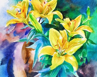 ユリの花 水彩画 シルバーフレーム ユリの花の絵画 オリジナル水彩画 ユリの壁アート - Etsy 日本