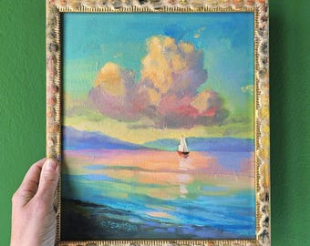 Seascape Oil Painting: White Sail, Gold Frame, Italian Art