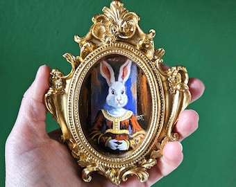 Rabbit Princess Miniature Acrylic Painting Oval and Framed 4 x 5 inches