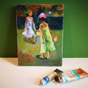 Pintura al óleo de estilo rústico: «Recuerdos de otoño» - Niñas jugando al tenis (24,1 x 18 cm) imagen 1