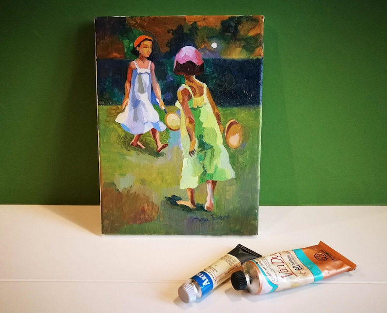 Pintura al óleo de estilo rústico: «Recuerdos de otoño» - Niñas jugando al tenis (24,1 x 18 cm) imagen 1