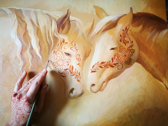 Horse Canvas Art: Two Arabian Horses, Original Oil Painting (40x50cm)