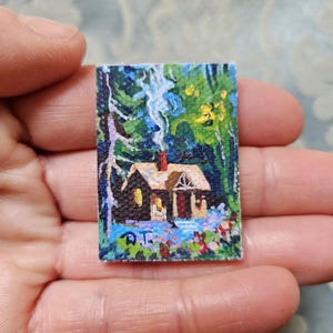 Log House tiny wall painting for a diorama, tiny forest miniature acrylic colours painting, tiny wood house dollhouse art on canvas board