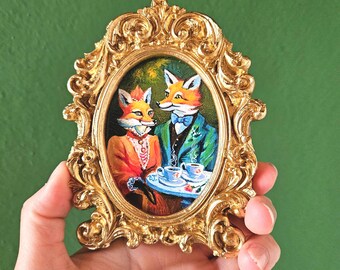 Miniature Fox Tea Party Painting: Victorian Aristocrats in Gold Frame