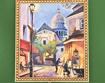Montmartre Paris Oil Painting: Sacré-Cœur at Dusk, Wooden Gold color Frame