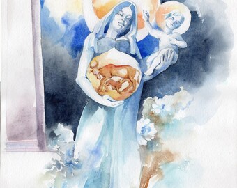 Blue Madonna with Child original watercolor painting