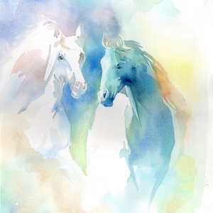 TWO WHITE  HORSES original watercolor 15.5 X 12 inches home decor