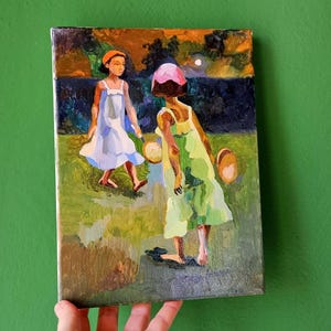 Pintura al óleo de estilo rústico: «Recuerdos de otoño» - Niñas jugando al tenis (24,1 x 18 cm) imagen 4