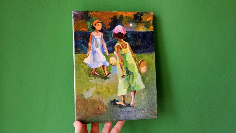 Pintura al óleo de estilo rústico: «Recuerdos de otoño» - Niñas jugando al tenis (24,1 x 18 cm) imagen 4