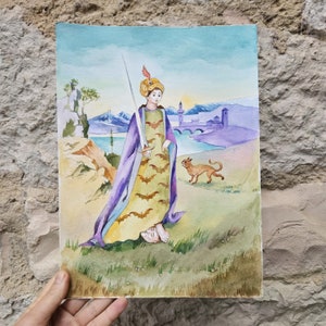Origineel Tarot Queen of Swords schilderij in aquarel uit Italië