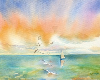 Original Seascape Watercolor with White sail and seagulls