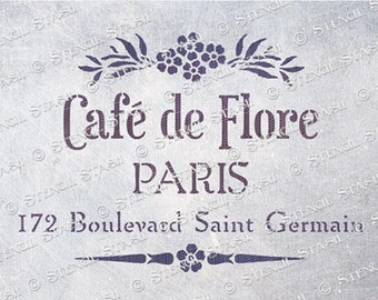 STENCIL 'Cafe de Flore' Paris, Vintage French Script, Furniture, Home decor, Crates, Reusable THICKER 250/10mil MYLAR, by Stencil Stash