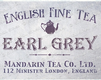 STENCIL 'Earl Grey Tea' London, Vintage Label Home Decor Furniture Crates Crafts, Reusable THICKER 250/10mil MYLAR, by Stencil Stash