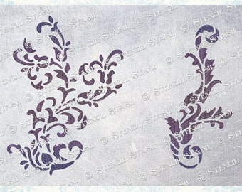 STENCIL 'Flourish Amelie' x2 Damask Scrolls, Furniture, French Chic, Plaster, Crafts, Reusable THICKER 250/10mil MYLAR, by Stencil Stash