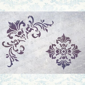 SCHABLONE 'Flourish Bella' x2 Damast Schriftrollen, Möbel, Vintage Chic, Gips, Kunsthandwerk, wiederverwendbar DICKER 250/10mil MYLAR, von Stencil Stash